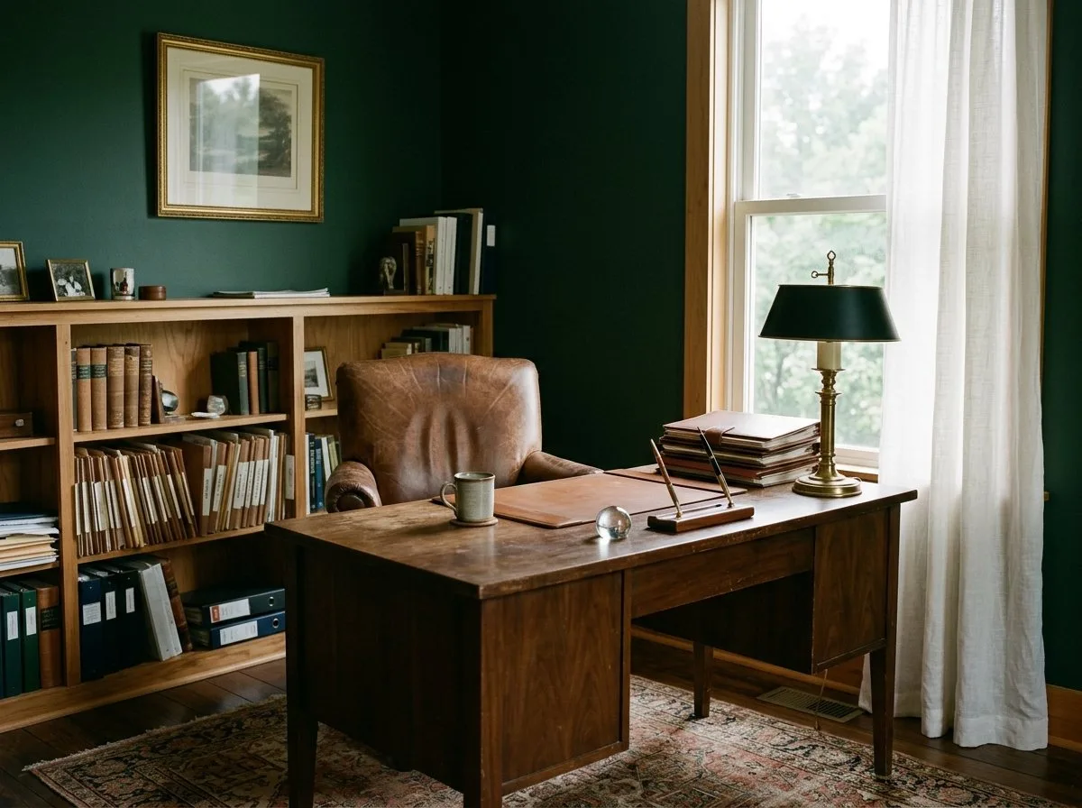 A small office with a wooden desk, a brass lamp, a leather chair and shelves of bound files beside a window