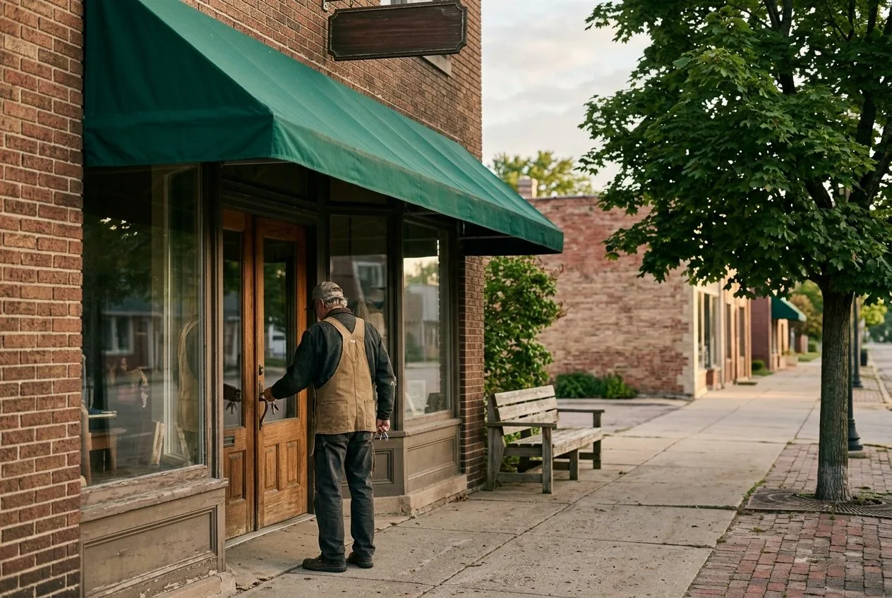 A shop owner in a work apron unlocking the door of a brick storefront on a small-town main street in the morning