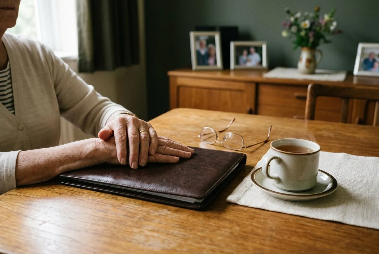 An older woman's hands resting on a closed leather folder at a dining table, with reading glasses and a cup of tea beside it