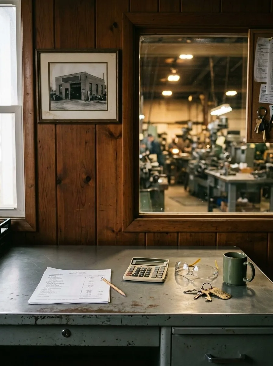 The office of a family-owned machine shop: a steel desk with a printed financial statement, a calculator, safety glasses and keys, with the shop floor through the window