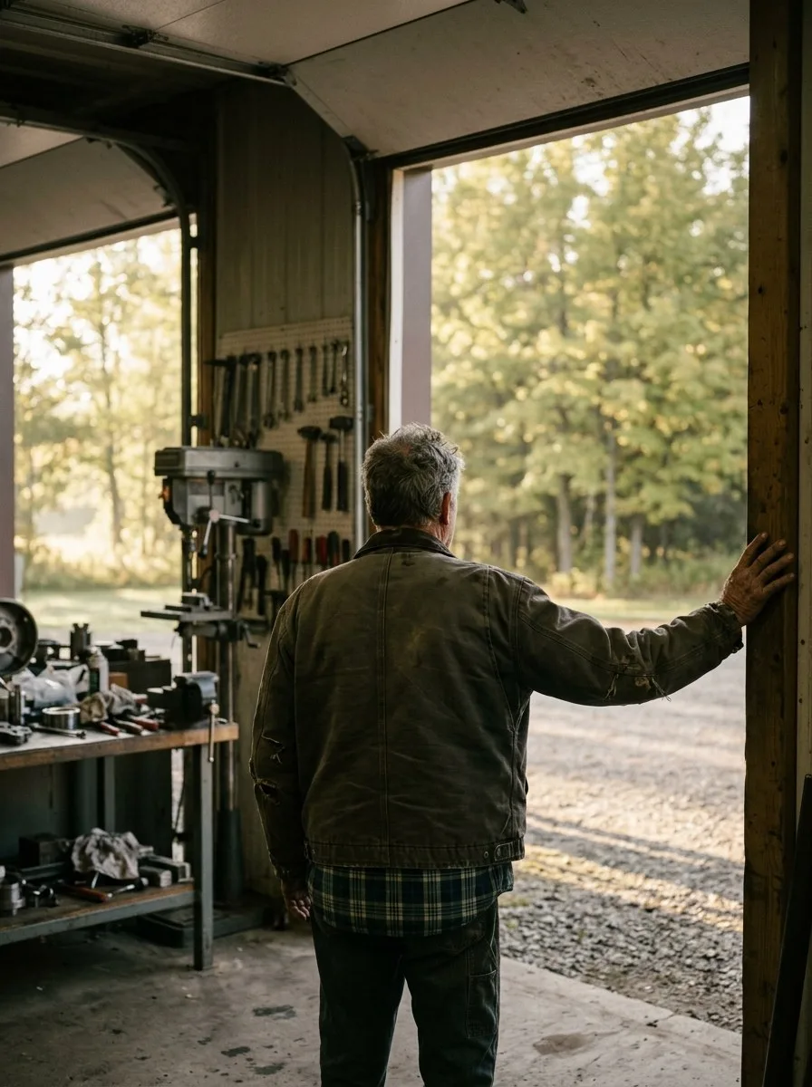 A business owner in a canvas work jacket, seen from behind, standing in the open bay door of his machine shop in the early morning