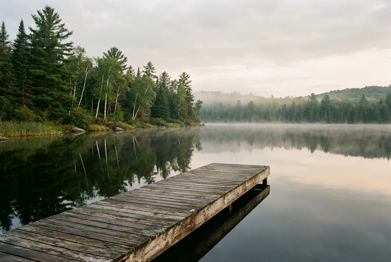 A wooden dock on a still Michigan lake at early morning, with mist over the water