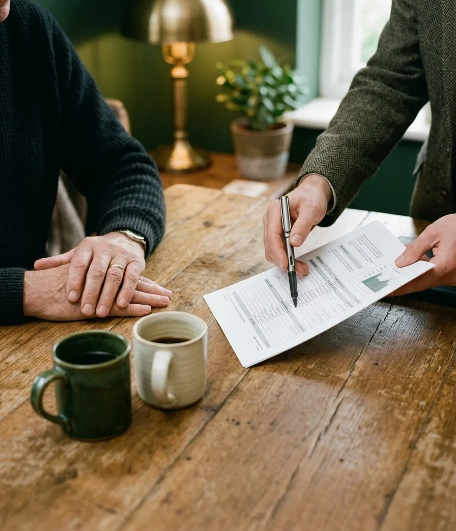 Hands across a wooden table, one pair pointing to a line on a printed plan with a pen