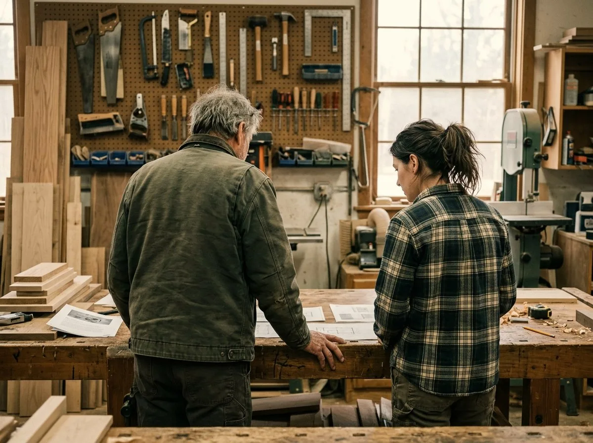 An owner in his sixties and a younger woman standing side by side at a workbench in a family woodworking shop, looking over printed pages together