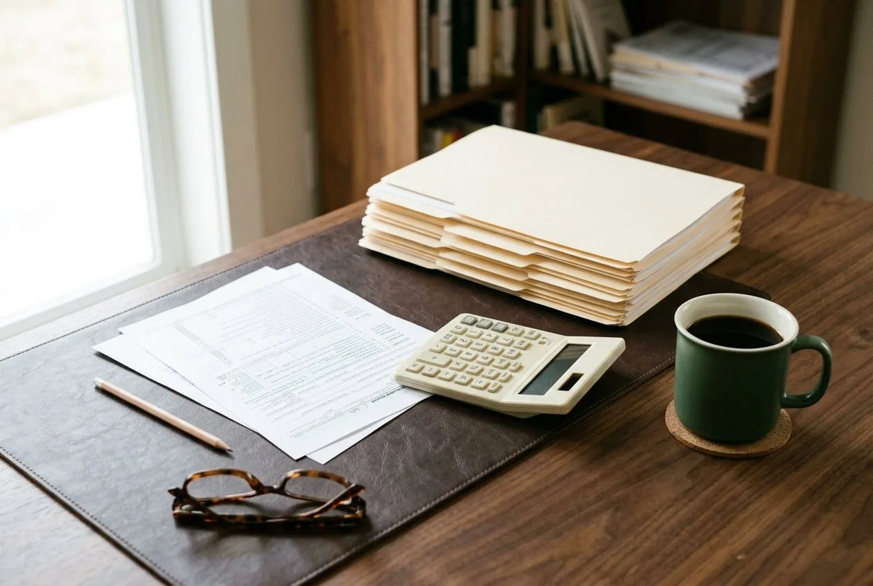 A tidy desk with a stack of folders, a printed tax return, a pencil, a calculator and a cup of coffee